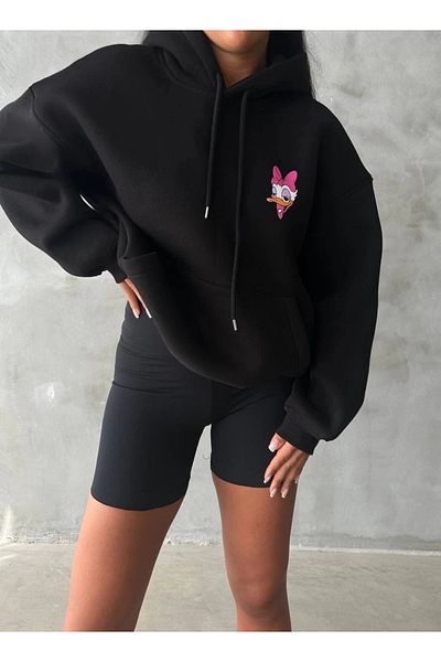 STILVANA 3 Thread Hooded Oversize Compact Duck Printed Sweat Black