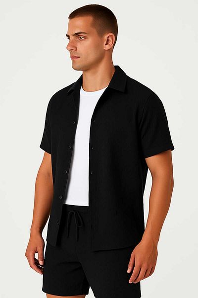DWN WEAR Bürümcük Crinkle Fabric Summer Lycra Men's Shirt Shorts Set