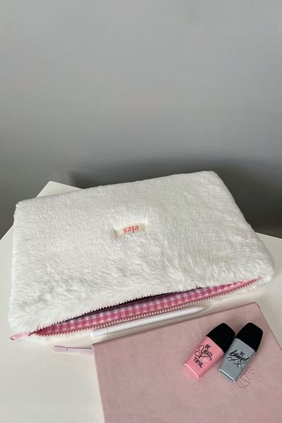 eles White Plush Tablet Bag, White Pink Plush Tablet Bag, White Tablet Case