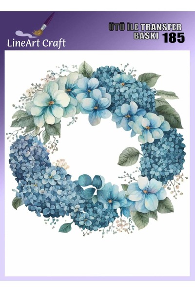 LİNEART Mavi Çiçekli Yuvarlak Kapı Süsü Desenli Ütü İle Transfer Baskı & Kumaş Transfer No:KMŞ185-18x20cm