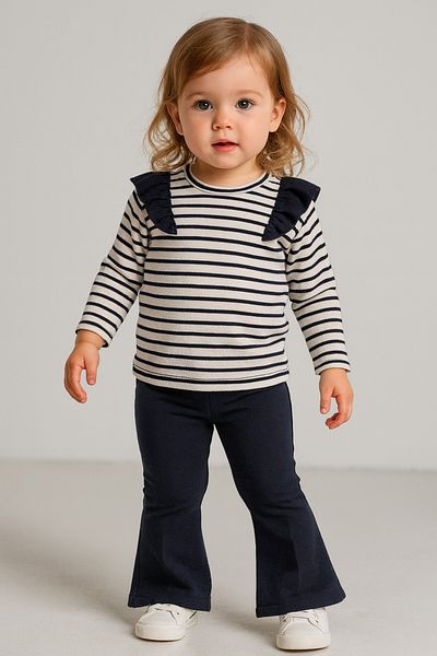 Uğur bebe Girls' Striped Ruffle Blouse and Black Spanish Leggings Set Casual & Stylish Combination