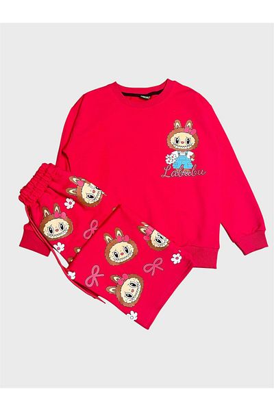 tusem butik homewear Girl's Cotton Pink Labubu Patterned Long Sleeve Wide Leg Tracksuit Set
