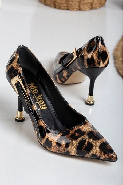 Mc vay Shoes Leopard Patent Leather Closed Back Stylish Women's Stiletto with Gold Buckle on the Side
