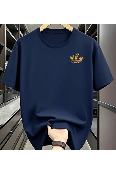 benimcombinim Colorful Leaf Chest Printed Cotton Combed Cotton Round Neck Nav...