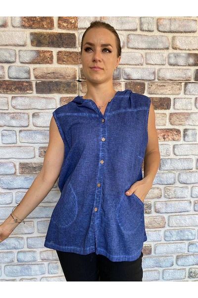 AGORATEKSTİL Women's Sleeveless Hooded Double Pocket Shirt
