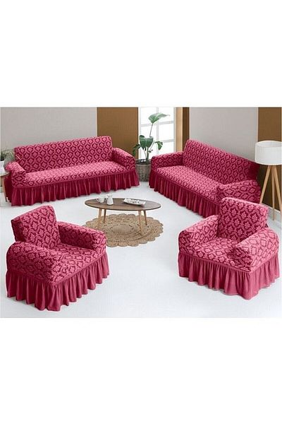 BOSTAN Jacquard Shawl Pattern Sofa Cover Set 3+3+1+1 (Burgundy)