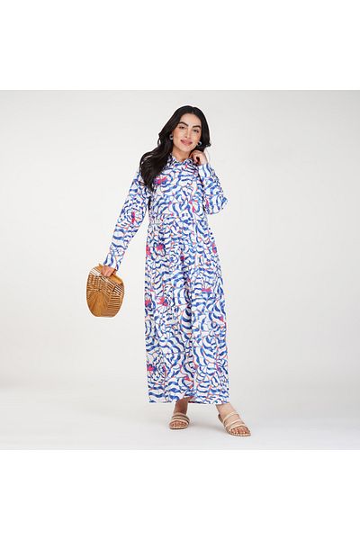 LINELLE Blue and White Abstract Printed Maxi Shirt Dress – with Long Sleeves and Collared Neckline