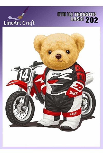 LİNEART Мотоцикліст Плюшевий ведмідь з малюнком Трансферний друк за допомогою праски & Трансфер на тканину №: KMŞ202-18x20cm