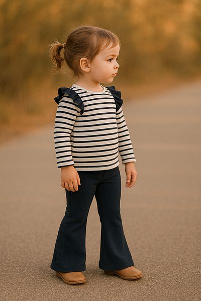 Uğur bebe Girls' Striped Ruffle Blouse and Black Spanish Leggings Set Casual & Stylish Combination
