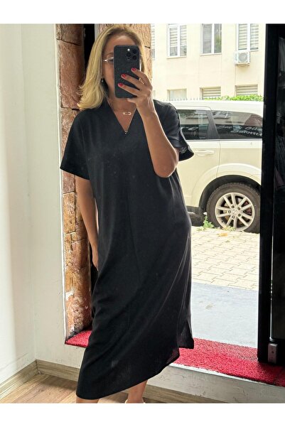 Perry Keten Düşük Omuz Midi Boy Elbise Siyah