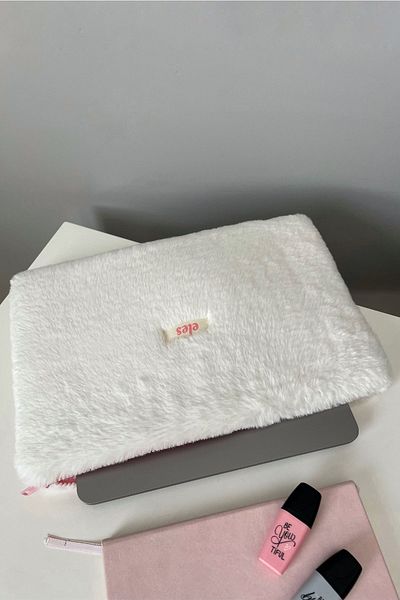 eles White Plush Tablet Bag, White Pink Plush Tablet Bag, White Tablet Case