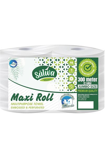 Salwa Maxi Roll Twin Pack of 2, 1000+ Sheets, 2-Ply Tissue, Kitchen Towel, Strong & Premium Quality,