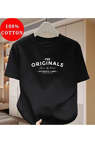 benimcombinim The Originals Printed Cotton Combed Cotton Round Neck Black T-Shirt