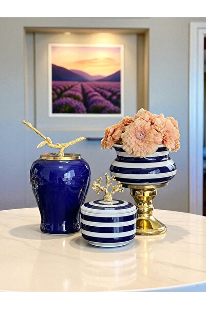 ferayhome Dekoratif Obje Salon Seti Lacivert Zebra Ayaklı Saksı Lacivert Şah ...