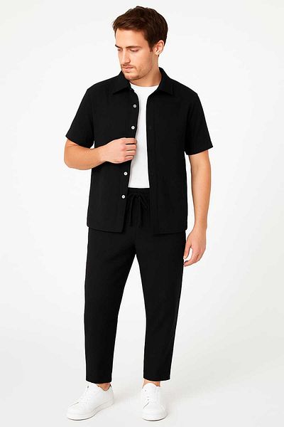 DWN WEAR Bürümcük Crinkle Fabric Summer Lycra Men's Shirt Pants Set