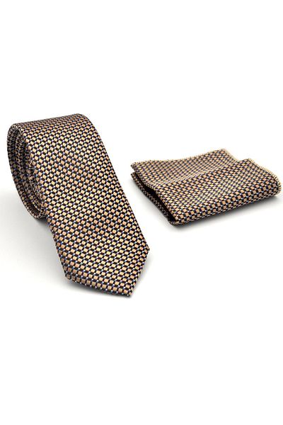 Gaffy White Small Square Pattern Beige Woven Fabric Handkerchief Slim Fit Tie // Sdk-2511-7