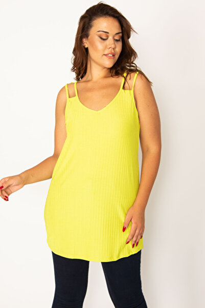 Şans Women's Plus Size Green, Suspender Detailed Self Striped Blouse 65N39063