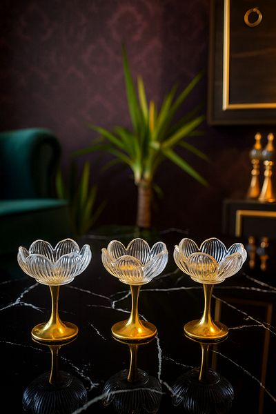Gülümseten Avm Glass Lotus Flower Patterned Presentation Turkish Delight Bowl with Gold Feet |   Coffee Side Snack and Sugar Bowl |   Set of 3