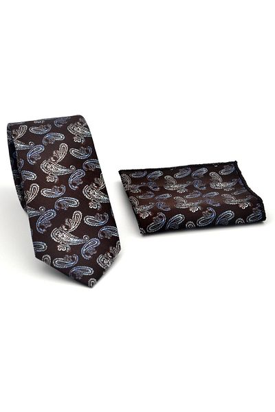 Gaffy Blue Shawl Pattern Brown Woven Fabric Slim Fit Tie with Handkerchief // Sdk-2507-5