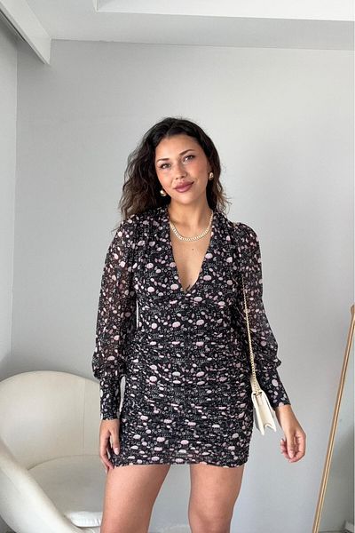 Güneş Midnight Blossom Chiffon Mini Dress – Black Pink Floral Print Draped Long Sleeves