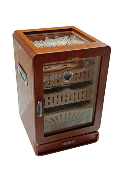 PremiumQuality Ahşap Aksesuar Çekmeceli Camlı Sedir Humidor Puro Kutusu