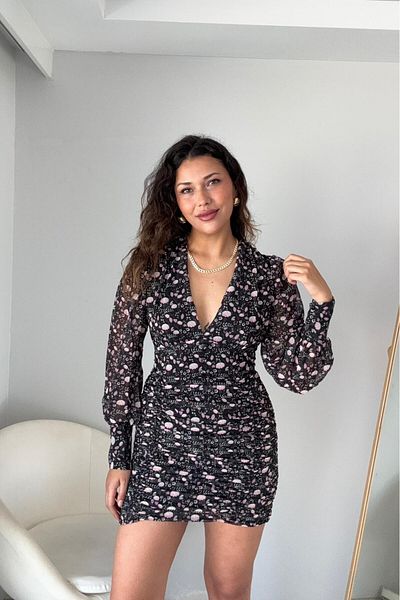 Güneş Midnight Blossom Chiffon Mini Dress – Black Pink Floral Print Draped Long Sleeves