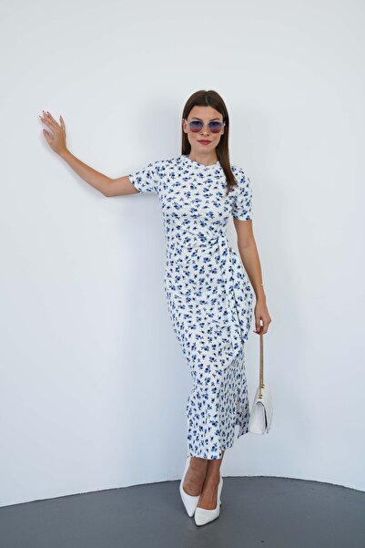 Jugar SIFIR YAKA BAĞLAMA DETAYLI YANDAN YIRTMAÇLI ÇİÇEKLİ BÜRÜMCÜK KUMAŞ ELBİSE