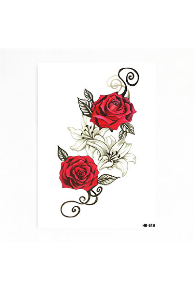 Lorvia Gerçek Dövme Görünümlü Kırmızı Gül ve Zambak Desenli 3D Geçici Tattoo – Çiçek Tasarım