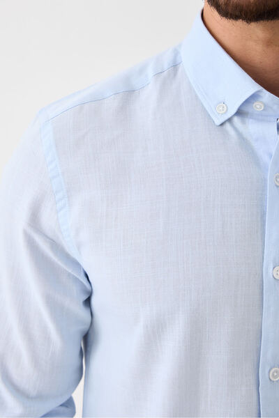 Yardalı Uzun Kol %100 Pamuk Slim Fit Erkek Gömlek - Düğmeli, Keten Görünümlü, Serin Tutan, Çekmeyen Kumaş