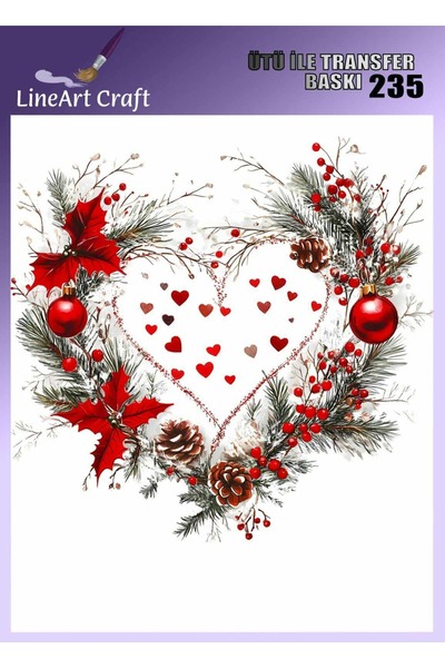 LİNEART Kalpli Yılbaşı Süsleri Desenli Ütü İle Transfer Baskı & Kumaş Transfe...