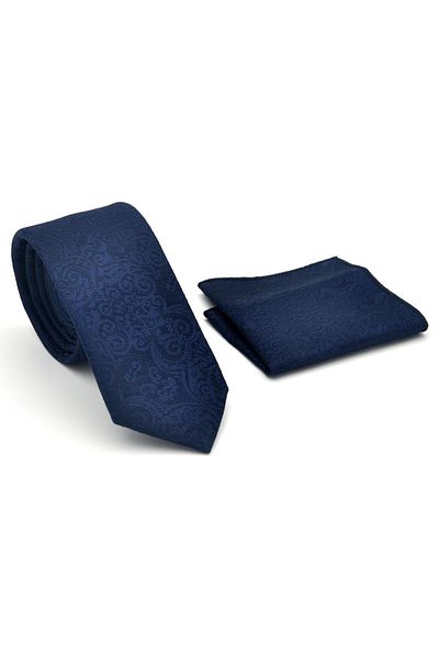 Gaffy Slim Fit Tie with Shawl Pattern Navy Blue Woven Fabric Handkerchief // Sdk-2506-2