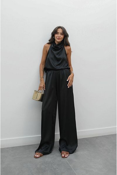 Havoş Black Winkle Satin Blouse Pants Suit