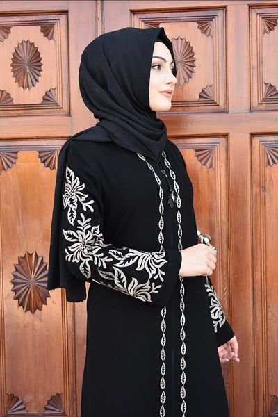 sümeyra Grain Embroidery Processing Black Long Plus Size Ferace