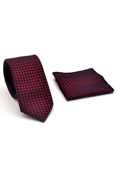 Gaffy Navy Blue Piti Square Patterned Burgundy Woven Fabric Slim Fit Tie with Handkerchief // Sdk-2503-6