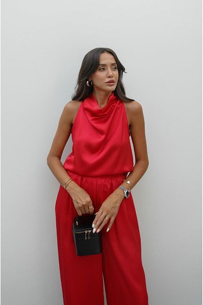 Havoş Red Winkle Satin Blouse Pants Suit