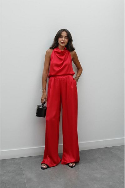 Havoş Red Winkle Satin Blouse Pants Suit