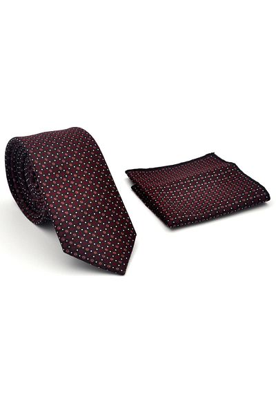 Gaffy White Mixed Patterned Burgundy Woven Fabric Slim Fit Tie with Handkerchief // Sdk-2502-3