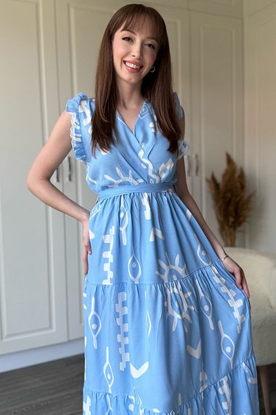 Dilay Gökoğlu Butik Double Breasted Blue Patterned Midi Dress