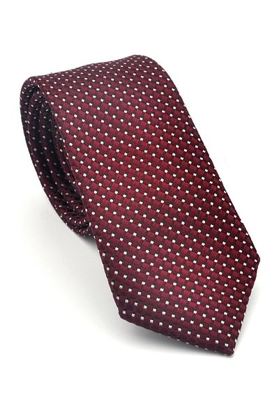 Gaffy White Small Square Patterned Burgundy Woven Fabric Slim Fit Tie with Handkerchief // Sdk-2511-3