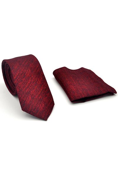 Gaffy Slim Fit Tie with Red Crinkle Patterned Burgundy Woven Fabric Handkerchief // Sdk-2501-4