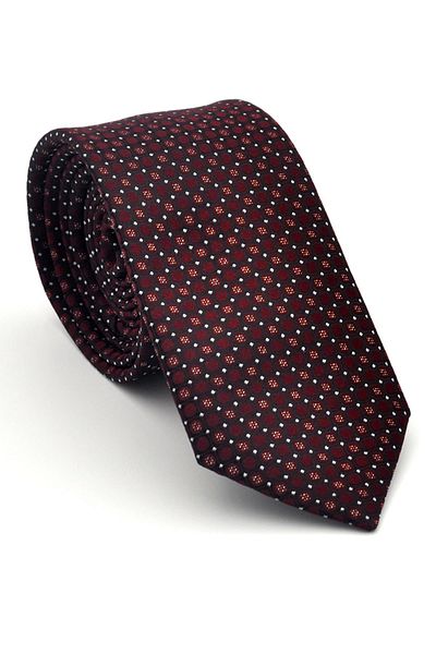 Gaffy White Mixed Patterned Burgundy Woven Fabric Slim Fit Tie with Handkerchief // Sdk-2502-3