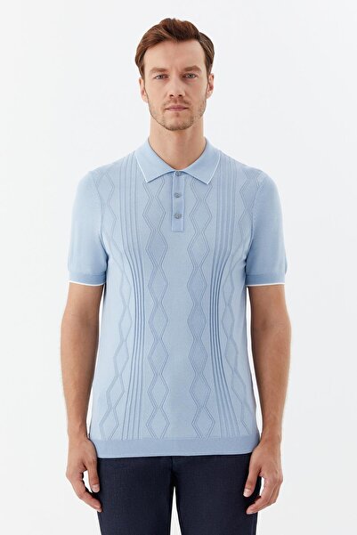Sabri Özel Düğmeli Polo Yaka Jakar Desenli Triko Erkek T-Shirt Mavi