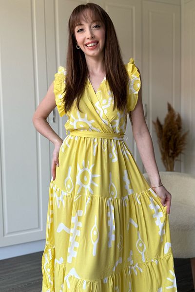 Dilay Gökoğlu Butik Double Breasted Yellow Patterned Midi Dress