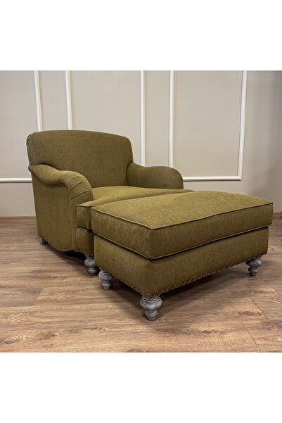 Hanel Mobilya English Arm Berjer ve Puf Haki Keten Tekli Koltuk