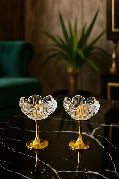 Gülümseten Avm Glass Lotus Flower Patterned Presentation Turkish Delight Bowl with Gold Feet |   Coffee Side Snack and Sugar Bowl |   Set of 2