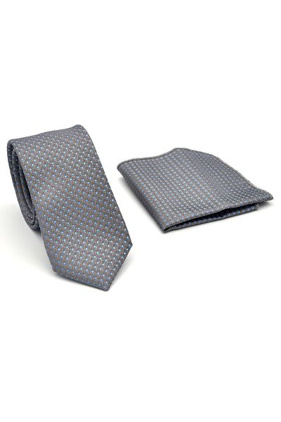 Gaffy Blue Dot Patterned Gray Woven Fabric Slim Fit Tie with Handkerchief // Sdk-2510-4