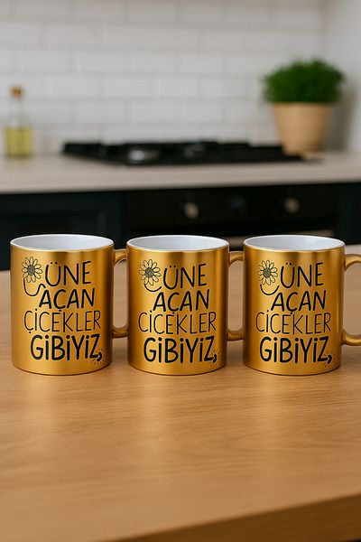çokaş Pack of 3 Gold Color Coffee Mug Cups with Text Printed