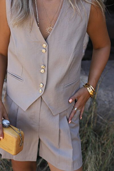 bytugcekaya Mink linen button detail Vest Set shorts set