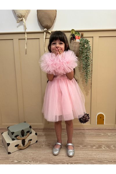 penu baby kids Pink Pompom Detailed Pearl Decorated Cotton Lined Girl's Baby Girl Dress
