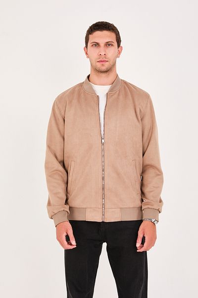 STOCX Men's Suede Bomber Jacket - Zippered, Rib Detailed